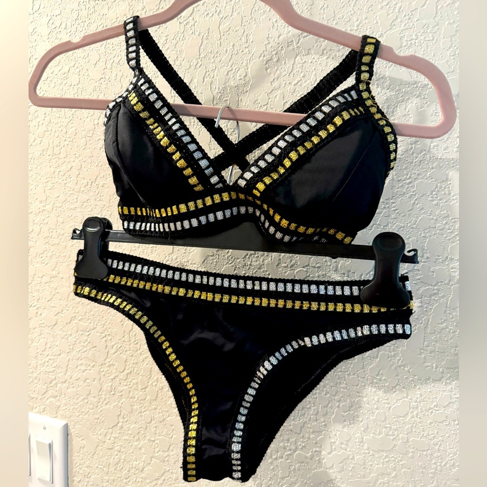 Embroidered silver, gold and black La Blanca Bikini with a ruched booty